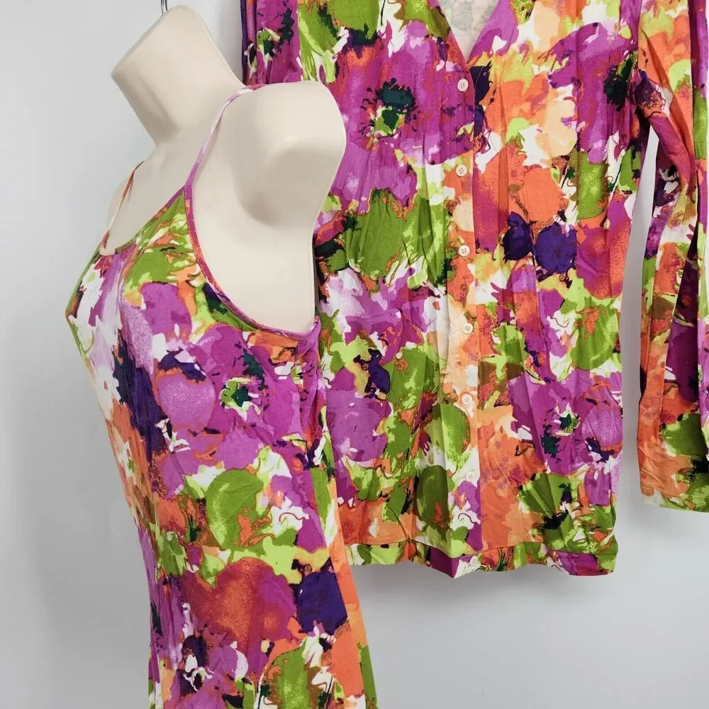 Spiegal Robe & Chimise Gown Set Small Short w/Long Sleeve Floral Sleepwear